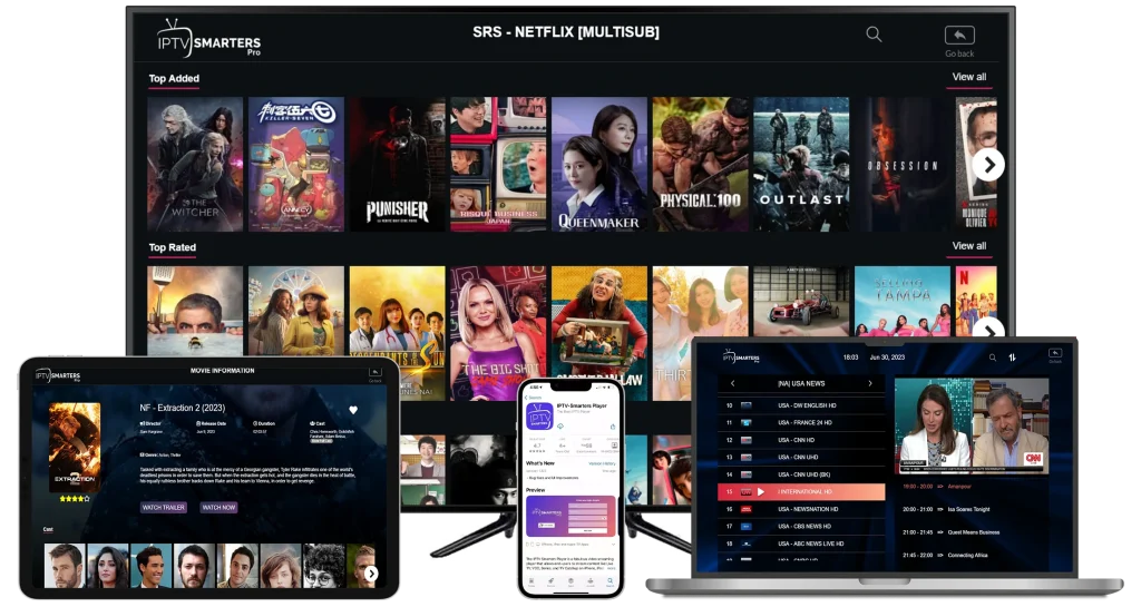 Various devices displaying IPTV Smarters Pro interface, showcasing multi-device compatibility