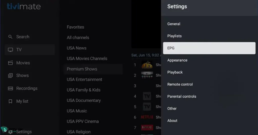 Entering an EPG URL in IPTV settings to load TV schedules.