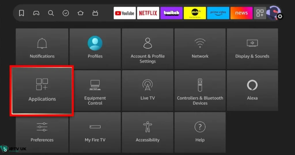 How to delete apps on Firestick via settings: Firestick Settings menu showing 'Manage Installed Applications' option