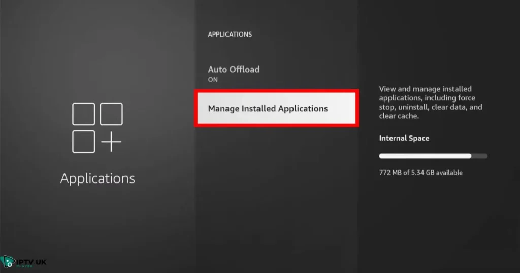 How to delete apps on Firestick via settings: Firestick Settings menu showing 'Manage Installed Applications' option