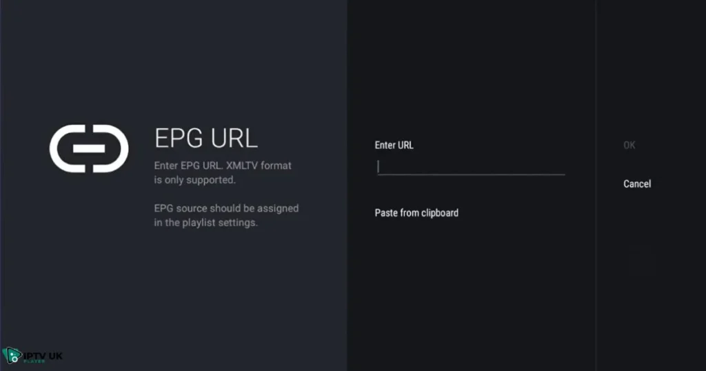 Entering an EPG URL in IPTV settings to load TV schedules.