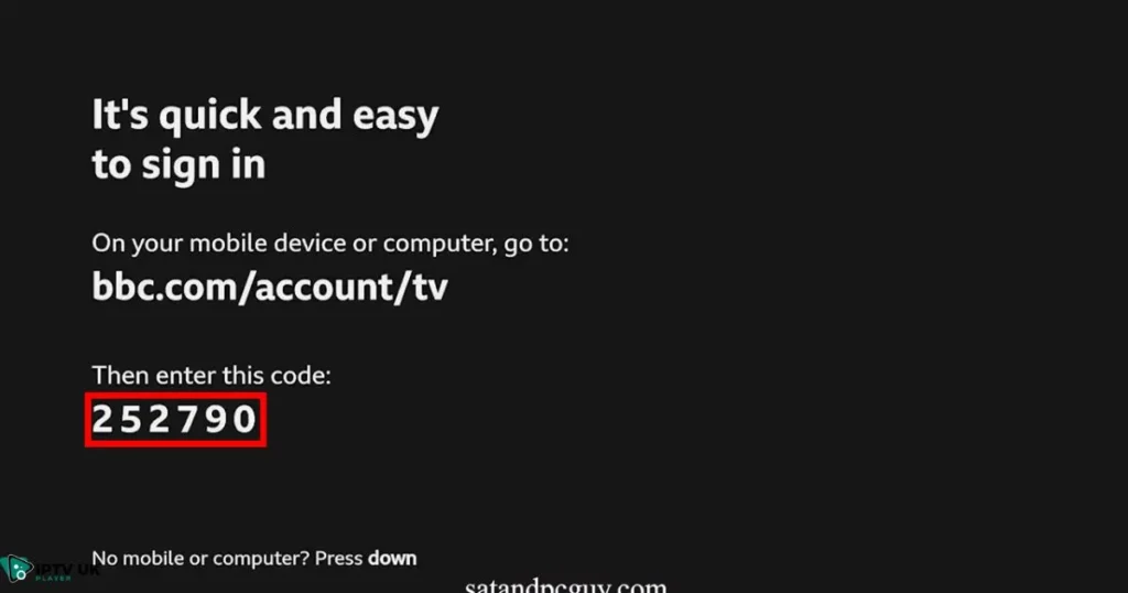 Entering the bbc iplayer/tv code on bbc.com/tvcode to activate BBC iPlayer for Firestick