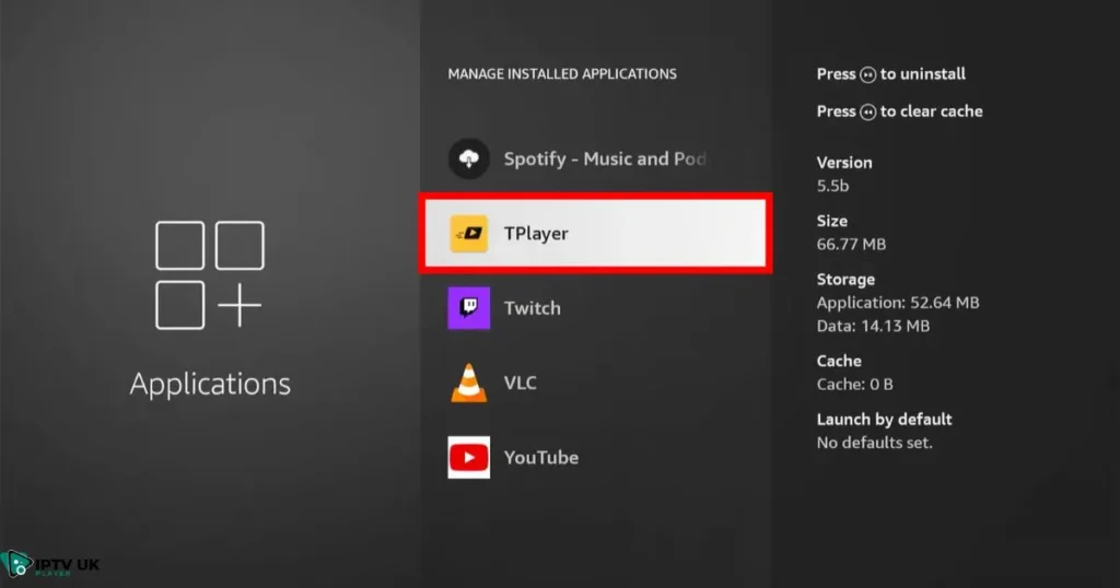 How to delete apps on Firestick via settings: Firestick Settings menu showing 'Manage Installed Applications' option