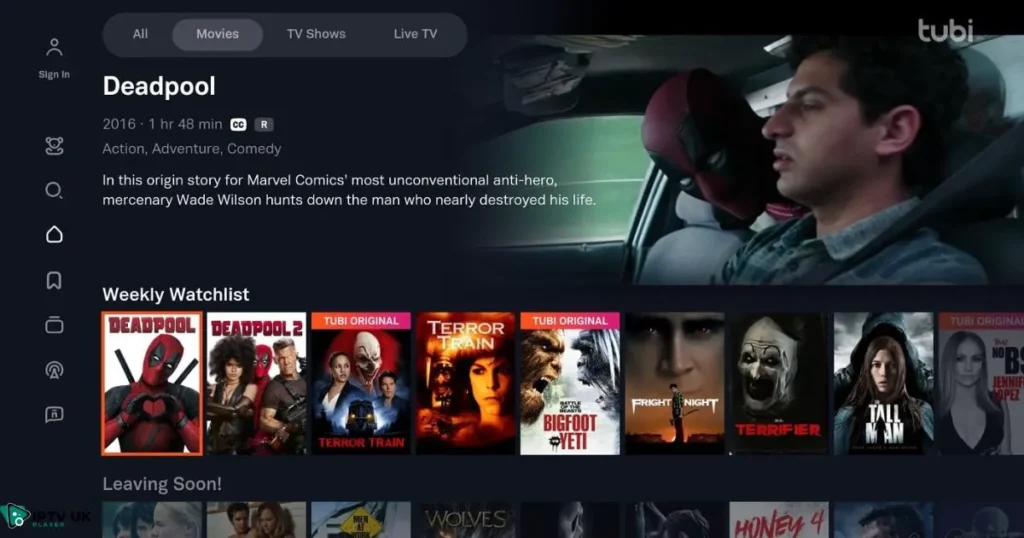 Tubi TV streaming interface, showing movies and TV shows, a great Soap2Day alternative
