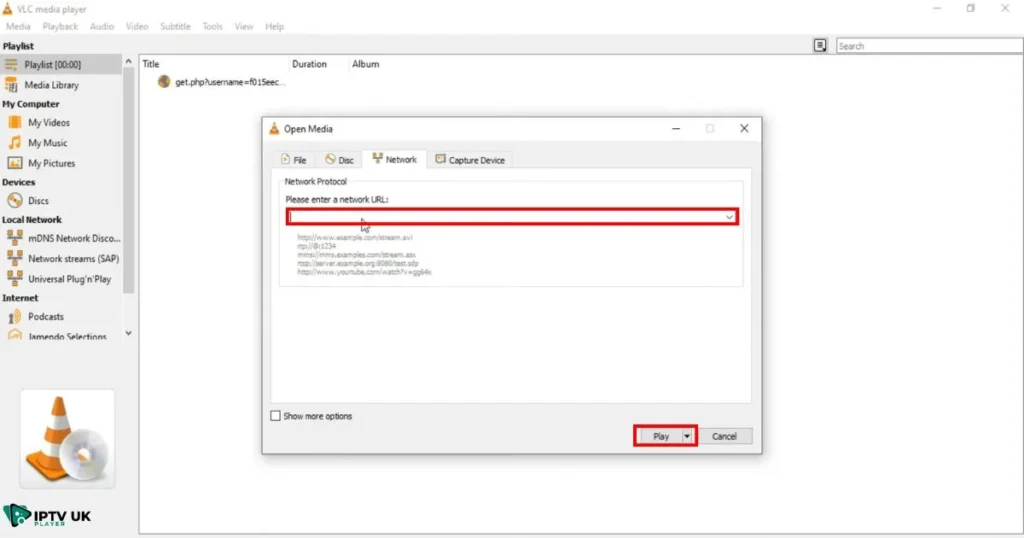 VLC IPTV setup screen with a playlist URL being entered.