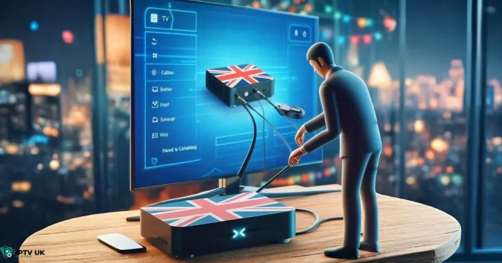 Setting up a British IPTV box on a TV stand for optimal streaming experience, showing the setup interface on the screen.