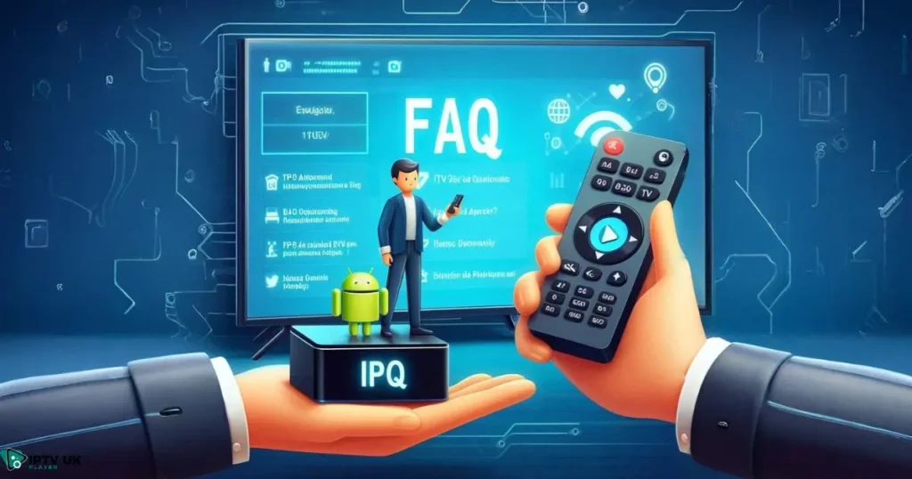 Person using a remote control to navigate through a best Android TV box for IPTV, with an FAQ section on the screen.