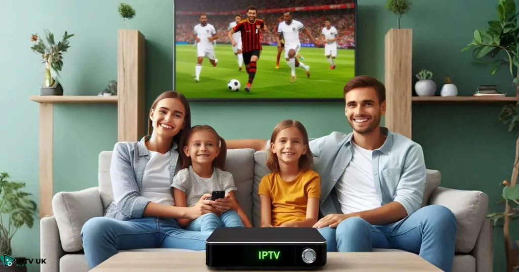 Family enjoying TV together while streaming with a British IPTV box, showcasing high-definition entertainment.