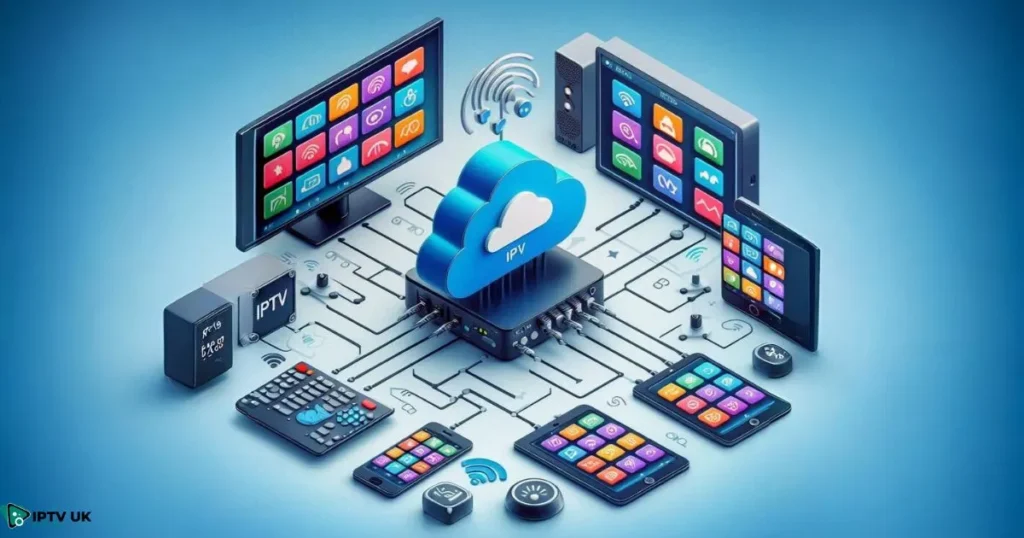 Diagram explaining how an IPTV server distributes live channels to multiple devices via the internet