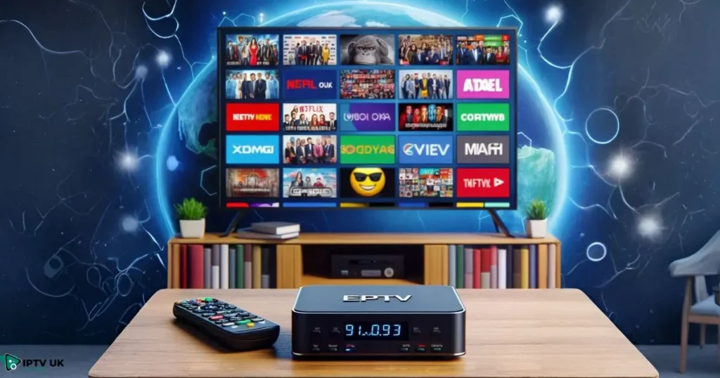 A fully loaded IPTV box UK with a TV showing a variety of IPTV channels, highlighting its convenience and wide content selection