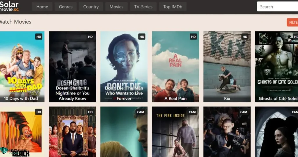 SolarMovie streaming interface, showing movies and TV shows, a great Soap2Day alternative