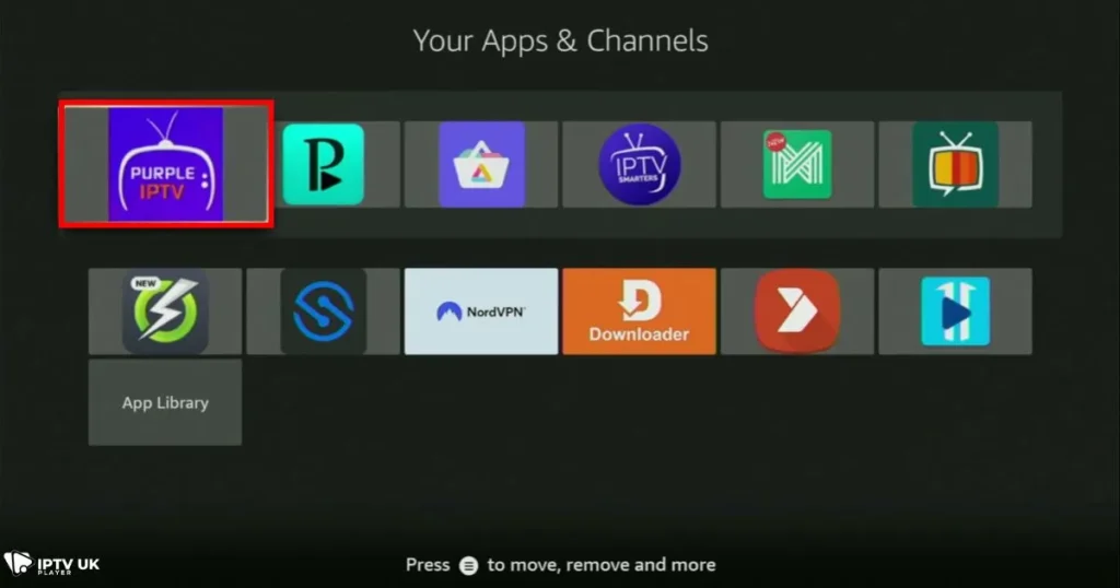 Purple Player IPTV app setup steps showing login screen with options for device selection, language choice, and Xtream Code URL login, guiding users to connect their IPTV subscription.