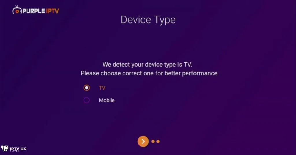 Purple Player IPTV app setup steps showing login screen with options for device selection, language choice, and Xtream Code URL login, guiding users to connect their IPTV subscription.