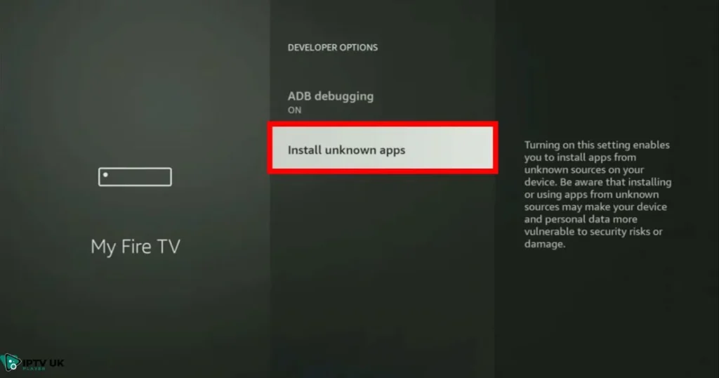 Developer Options menu on Firestick showing 'Install Unknown Apps' option.