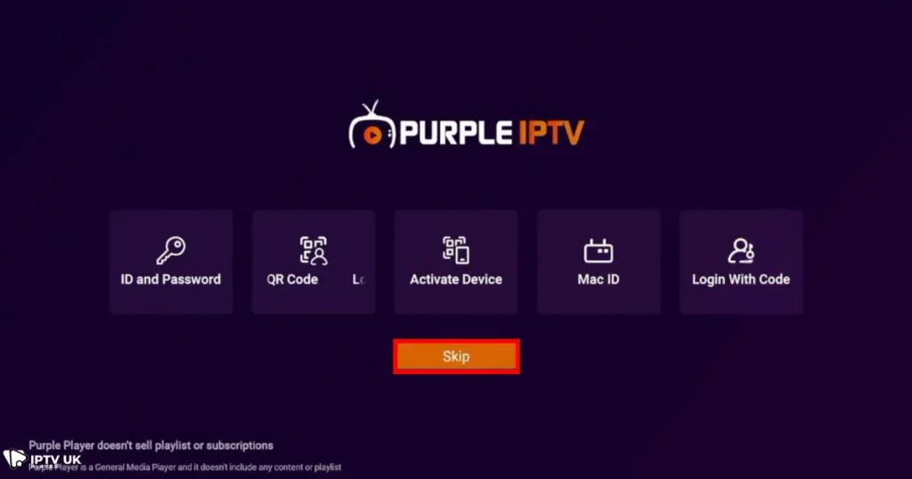 Purple Player IPTV app setup steps showing login screen with options for device selection, language choice, and Xtream Code URL login, guiding users to connect their IPTV subscription.