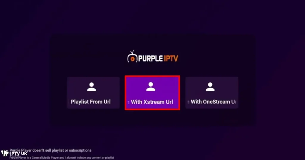 Purple Player IPTV app setup steps showing login screen with options for device selection, language choice, and Xtream Code URL login, guiding users to connect their IPTV subscription.