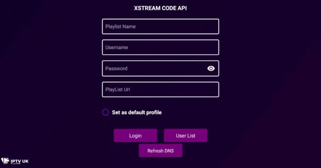 Purple Player IPTV app setup steps showing login screen with options for device selection, language choice, and Xtream Code URL login, guiding users to connect their IPTV subscription.