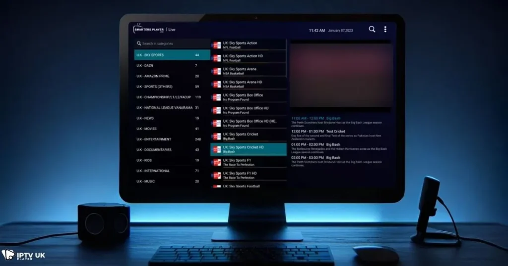 PC IPTV Player software displaying multiple channel options for streaming