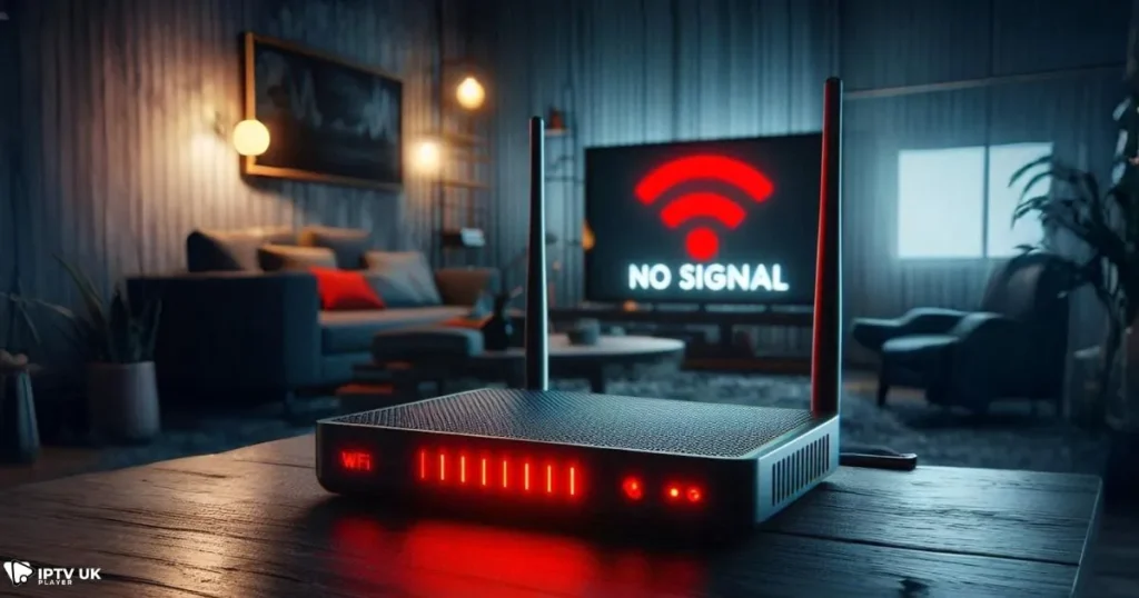 A Wi-Fi router with red lights and a ‘No Signal’ message on the TV, showing why IPTV is down.