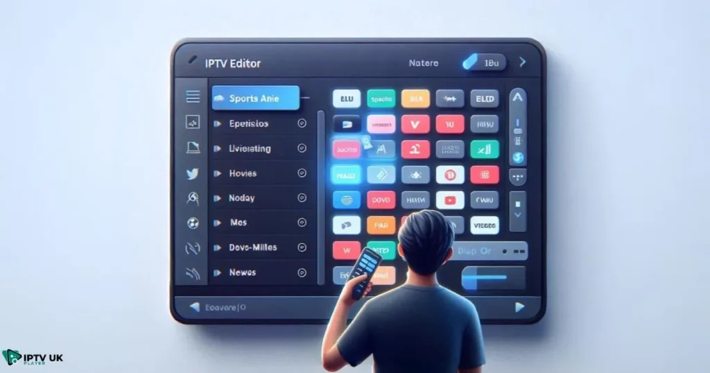 IPTV Editor interface displaying an M3U playlist customization screen.