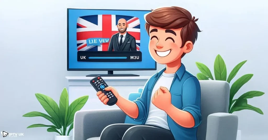 Enjoying seamless UK IPTV M3U streaming on a smart TV with a remote control.