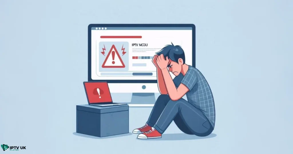 Troubleshooting IPTV M3U UK errors on a laptop, fixing streaming issues.