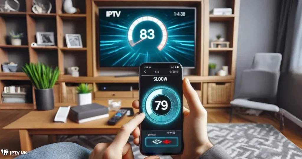 A person checking slow internet speeds on their phone while IPTV is buffering on the TV.