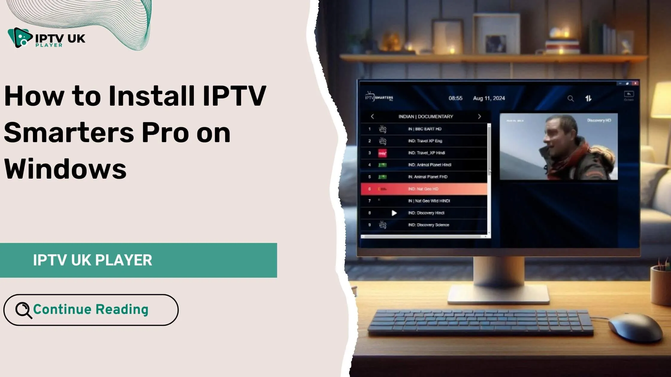 IPTV Smarters Pro Windows interface displayed on a Windows PC screen in a modern living room setting, showcasing IPTV streaming.