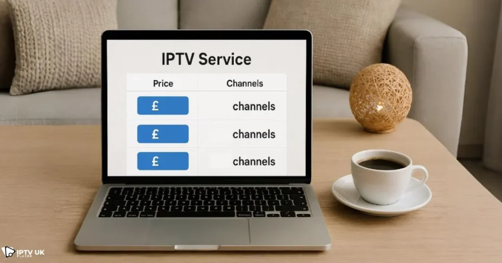 Cheapest IPTV UK subscription price comparison displayed on a laptop screen.