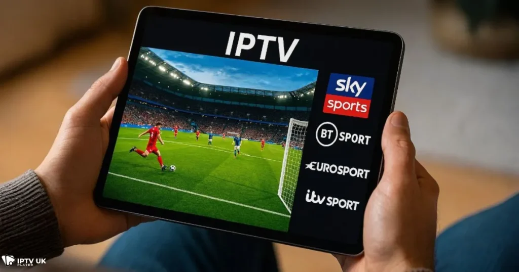 Cheap IPTV UK sports streaming on a tablet with British channels.