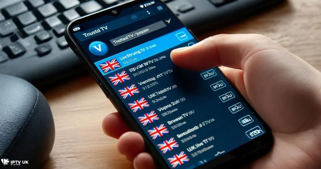A smartphone displaying verified UK IPTV M3U Links for streaming live TV.