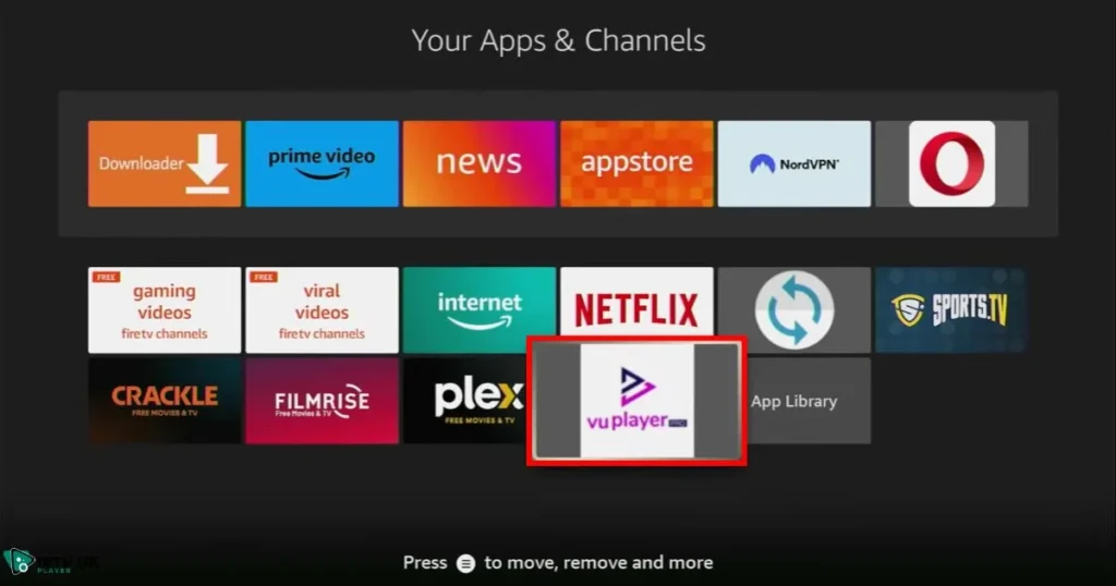 VU IPTV Player app home screen on Firestick.