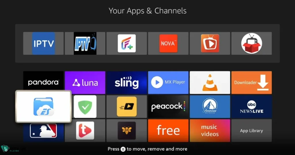 download link for VU IPTV Player APK in the Firestick ES File Explorer app.