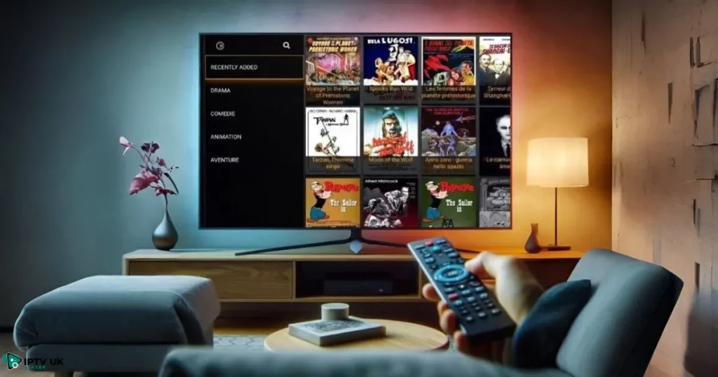 Set IPTV app interface on a Smart TV screen showing different streaming categories.
