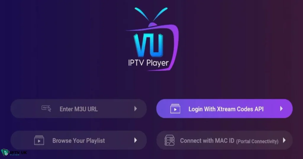 Selection screen for M3U Playlist and Xtream Codes API options in VU IPTV Player.