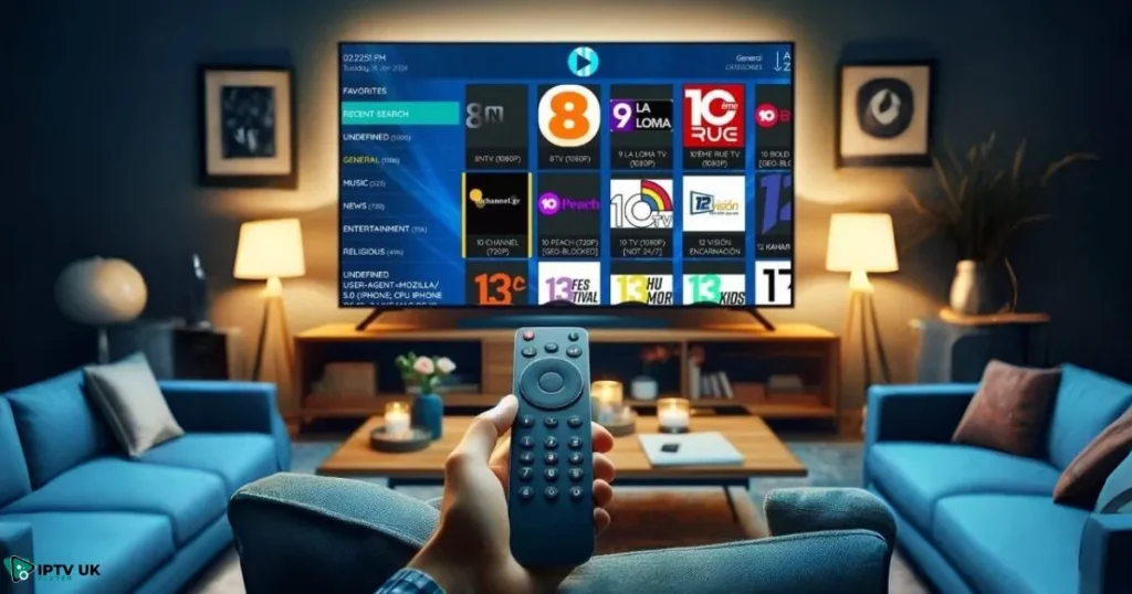 XCIPTV Player app home screen on Firestick, showing Live TV, Movies, and Series options.