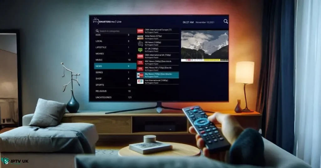 A person streaming IPTV British services on a smart TV with a smooth, high-quality interface, representing a reliable IPTV subscription experience.