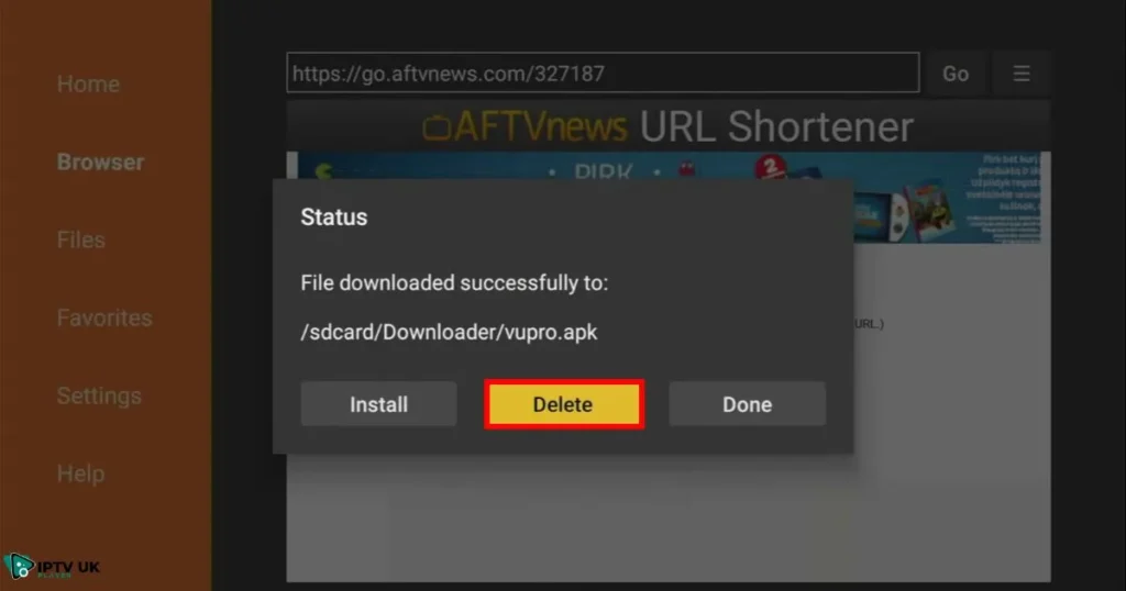 Delete option selected to remove the APK file after installation.