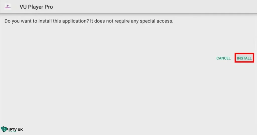 Install button selected to begin the installation of VU IPTV Player.