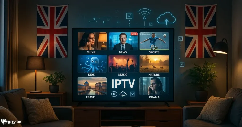 Modern UK living room showing IPTV streaming setup, ideal for readers looking to buy IPTV in the UK.