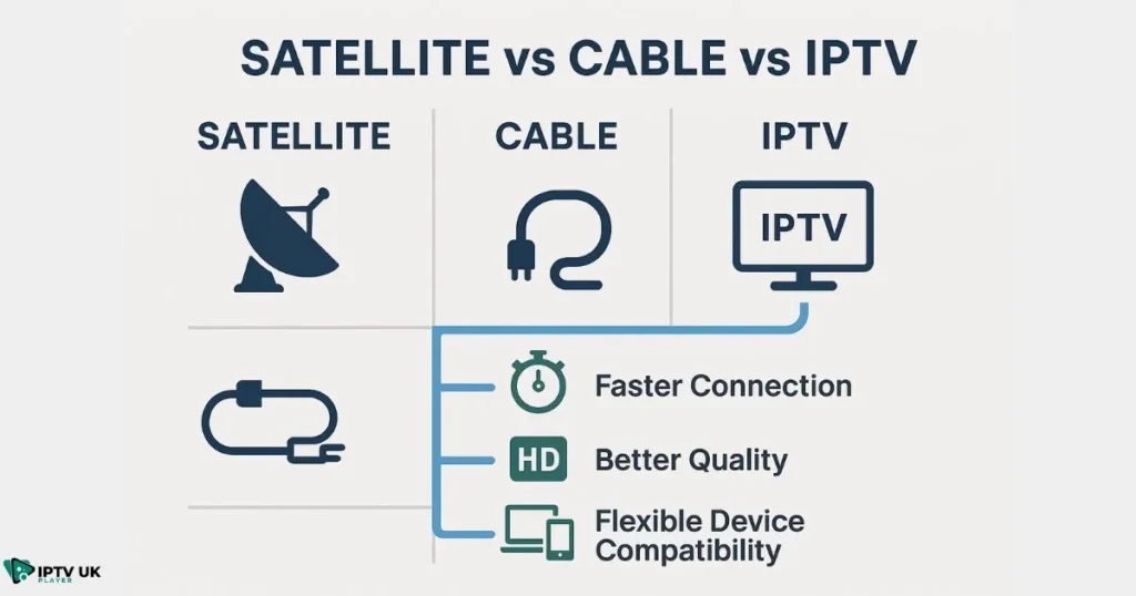 Comparison chart showing why an IPTV service is more stable and high-quality than cable or satellite