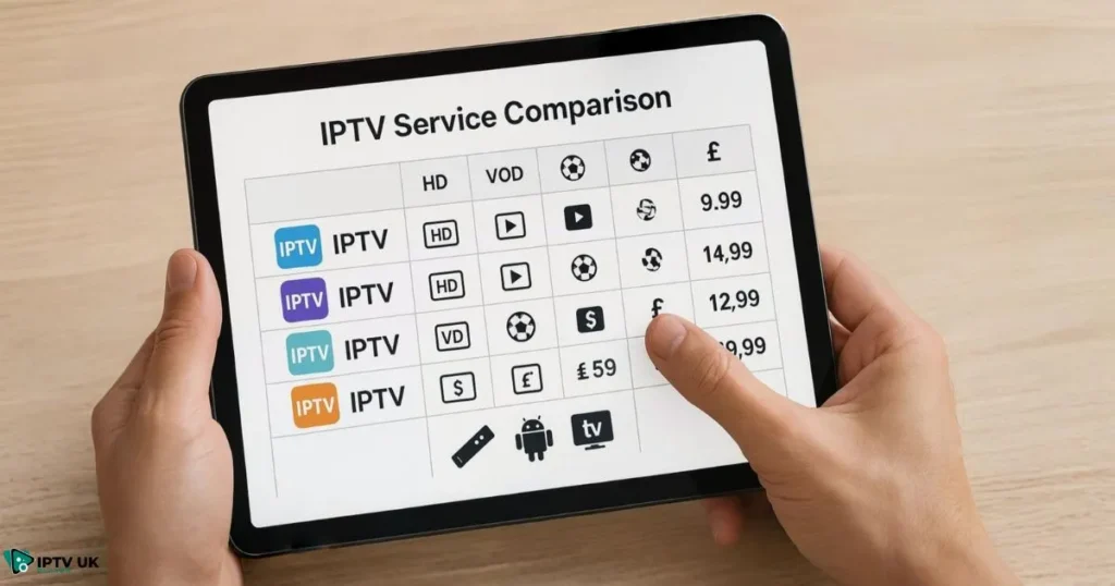Visual comparison of top IPTV providers UK with features and pricing