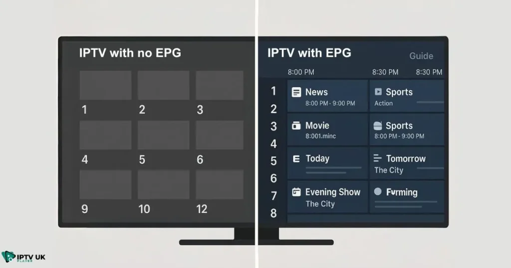 Side-by-side comparison showing the benefit of a clean epg source for iptv vs. an unorganized layout