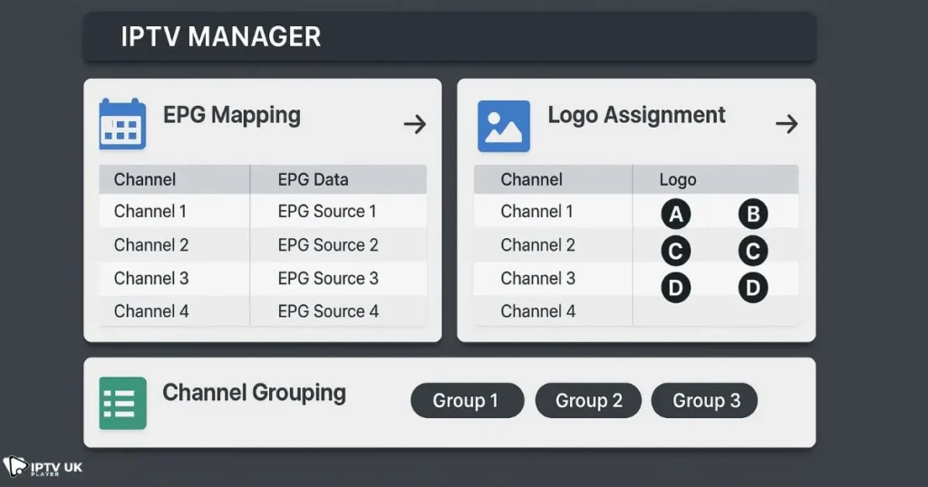 Advanced IPTV manager features including EPG and channel grouping