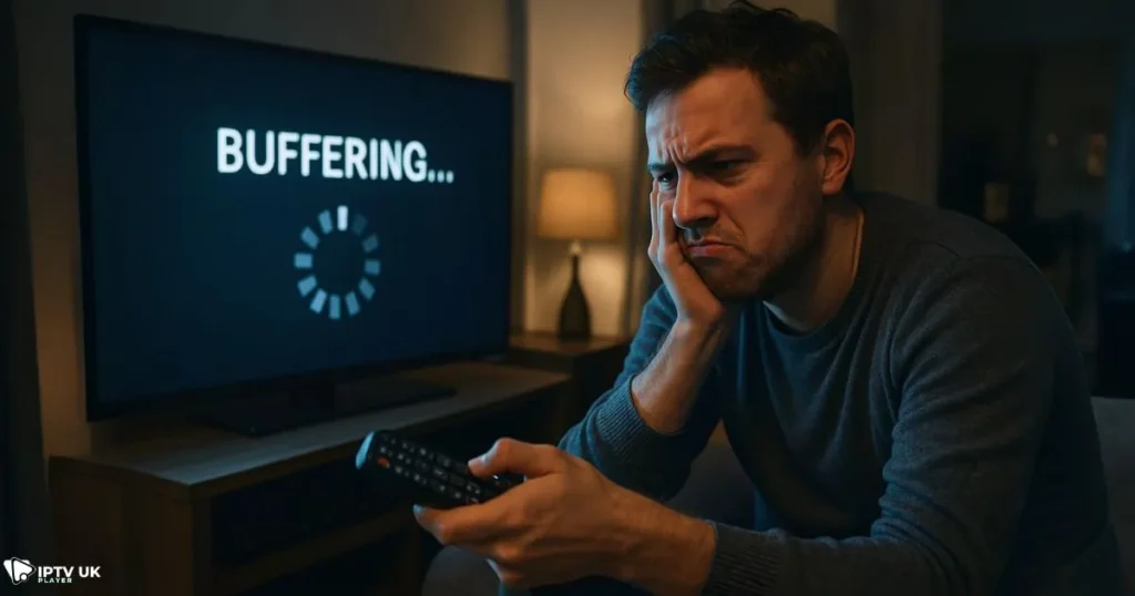 frustrated user dealing with unreliable service before switching to a trusted iptv UK provider