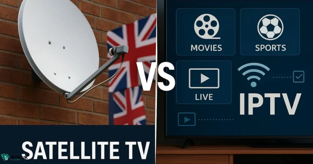 Comparison of traditional TV and UK IPTV setup showing the benefits of switching to buy IPTV services.