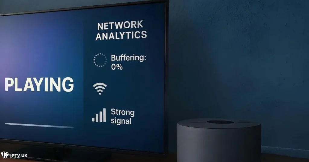 No buffering IPTV screen with stable IPTV service signal strength indicators