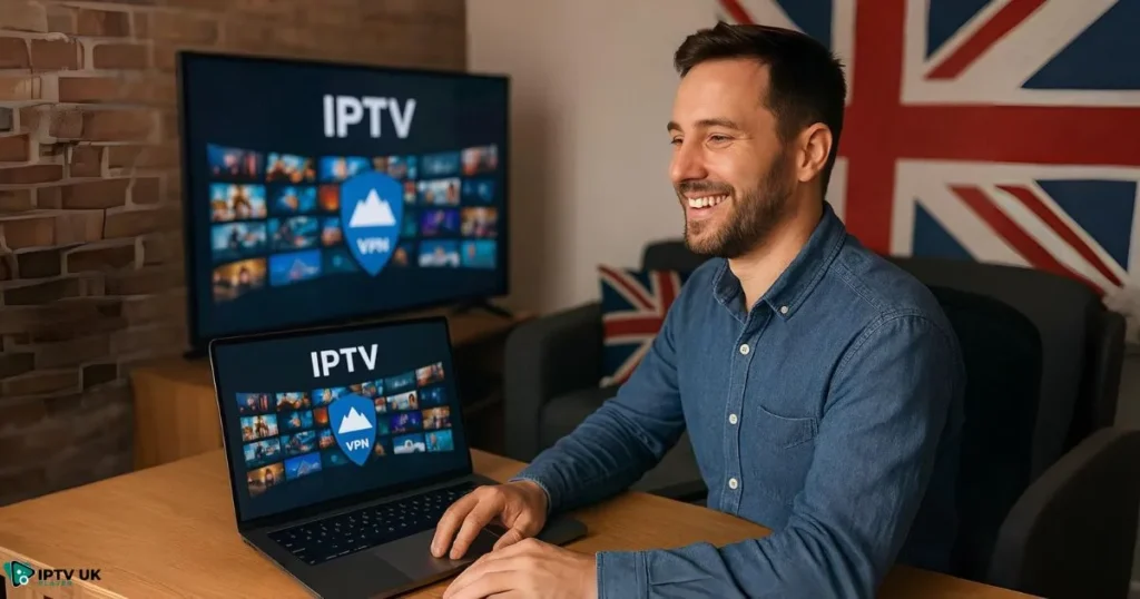 UK viewer streaming IPTV with VPN for a secure and reliable IPTV for UK experience