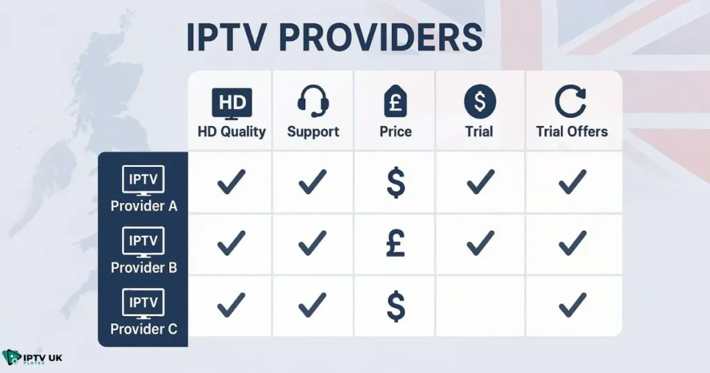 Best IPTV UK providers comparison showing channel options and service features
