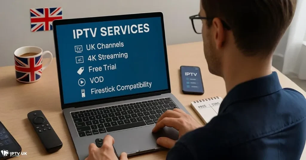 Viewer comparing features to choose a reliable IPTV for UK with focus on channels, streaming quality, and compatibility